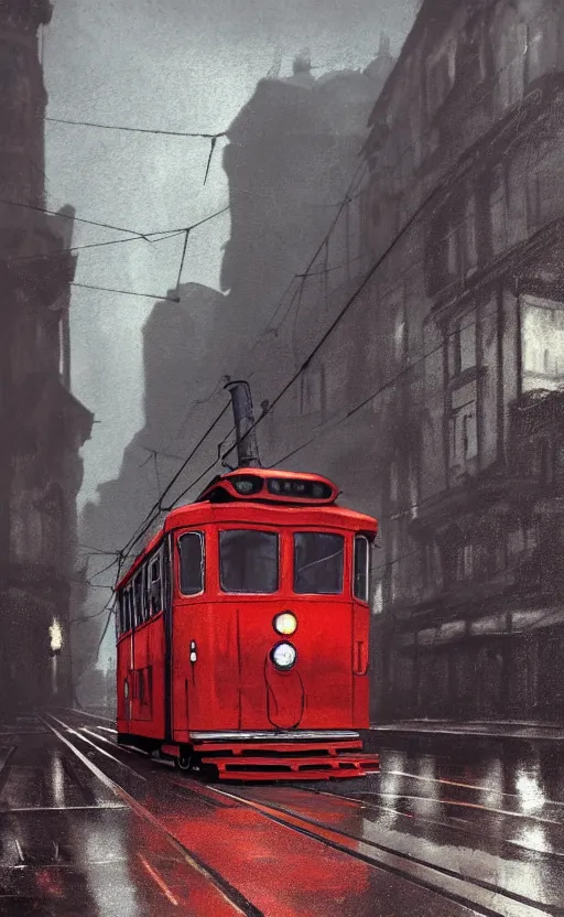 Prompt: red evil tram. old locomotive. very low angle. very detailed painting by ghibli studios, futuristic. dreamlike. weird. horrific. wet asphalt. city street at 1 9 5 0 s. low angle. old photo. atmospheric. skyscrapers. vivid colours, mysterious. epic scene. 4 k. hyper detailed.