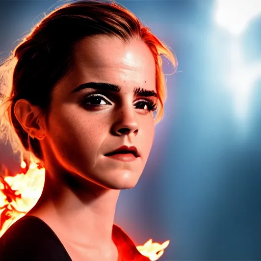 Image similar to Emma Watson in suit made of fire, 8k UHD, studio photography, high quality, high detail, stunning lighting