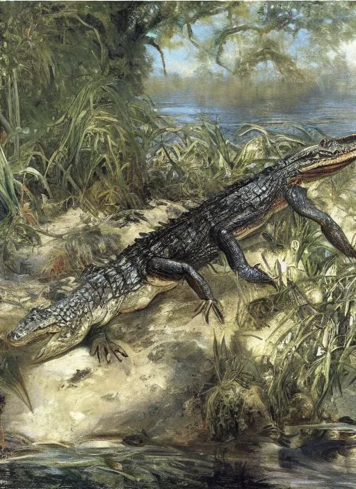 Image similar to artwork painting of florida alligators by eugene von guerard, ivan shishkin, john singer sargent