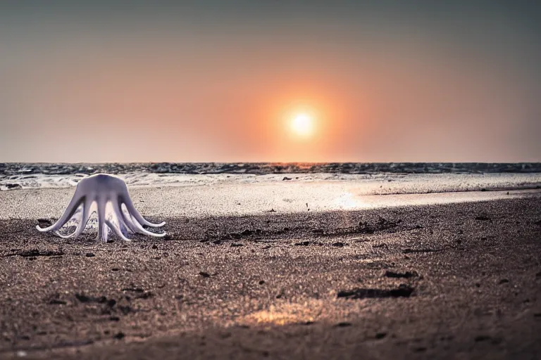 Image similar to photography of a gigantic white octopus walking at the shore of the beach, outside the water, national geographic, evening, award winner, nature