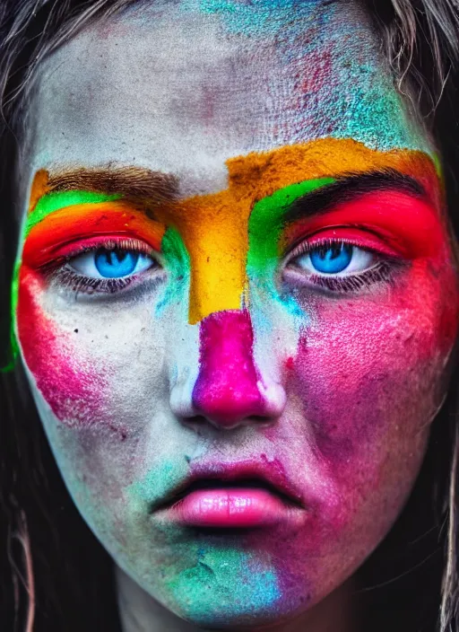 Image similar to a very detailed photograph of a face, depth of field, colorful