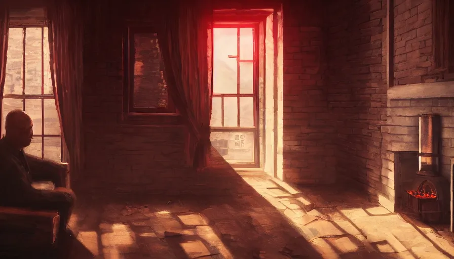 Image similar to old brick house, bright red light through the windows, black curtains, fireplace, old man watching through windows, hyperdetailed, artstation, cgsociety, 8 k