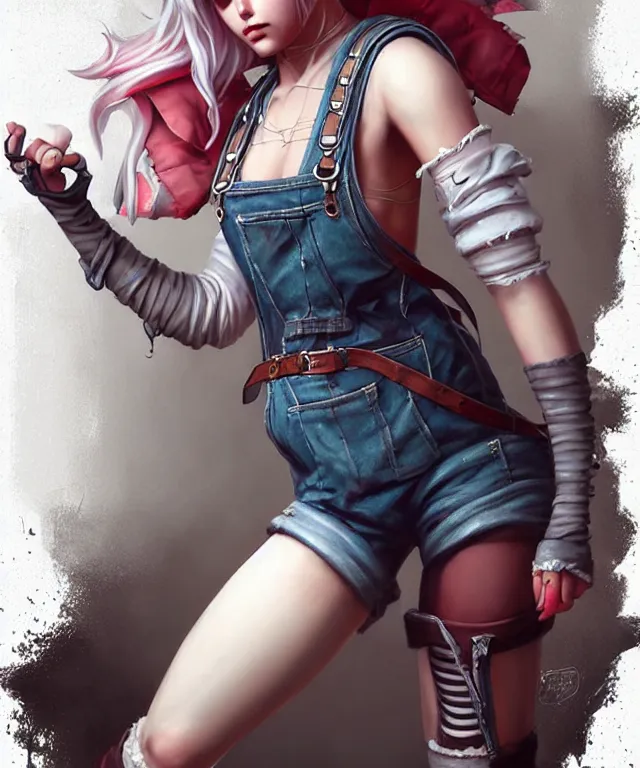 Prompt: full body pose, grungy ciri, torn overalls, short shorts, combat boots, fishnets, beautiful, highly detailed face, true anatomy!, extremely detailed!, digital painting, unreal engine 5, art by tom bagshaw