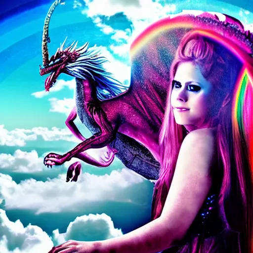 Image similar to photograph of avril lavigne riding a dragon through the clouds with rainbows and unicorns, high medieval fantasy, full color digital art, cinematic shot, portrait, wide shot.