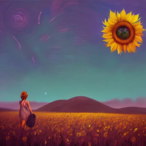 Prompt: huge sunflower as a face, girl walking in wheat field, hills, surreal photography, dark night, star trails, dramatic light, impressionist painting, clouds, digital painting, artstation, simon stalenhag