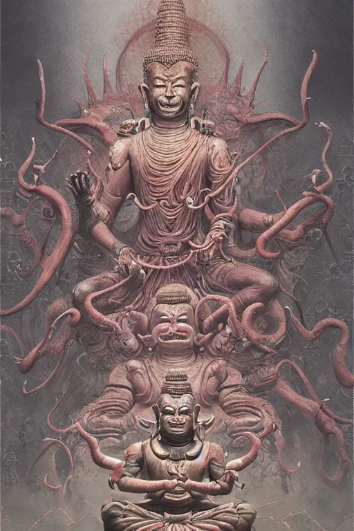 Image similar to Meditating Buddhist demon god, dark fantasy, intricate, highly detailed, smooth, artstation, painted by Wayne Barlowe, Greg Rutkowski, zdislav beksinski, Francis Bacon