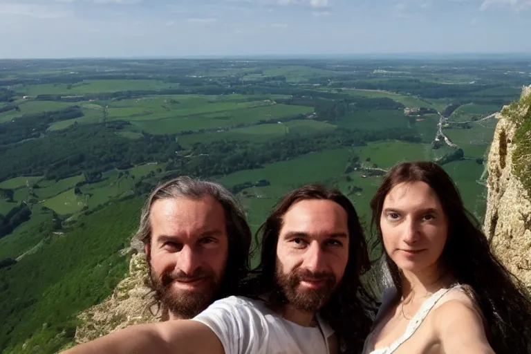 Prompt: selfie from a mobile phone of jesus and mary magdalene standing on a cliff looking over a beautiful landscape in france, rennes - le - chateau, award winning photo, very detailed, very realistic cinematic