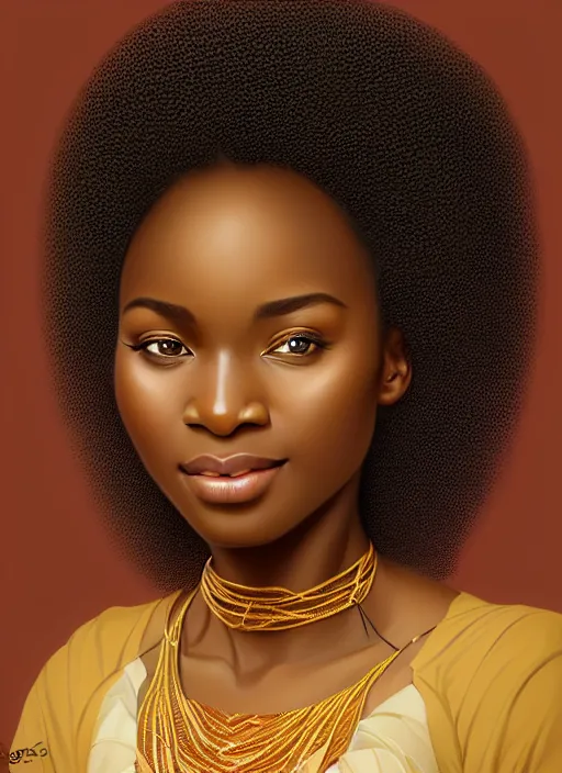 Image similar to beautiful igbo feminine face! portrait of young woman blessed by god with ever - increasing physical and mental perfection, black afro hair, symmetrical! intricate, elegant, highly detailed, vision of holy perfection!! smile, digital painting, artstation, concept art, smooth, sharp focus, illustration, art by artgerm and greg rutkowski and alphonse mucha