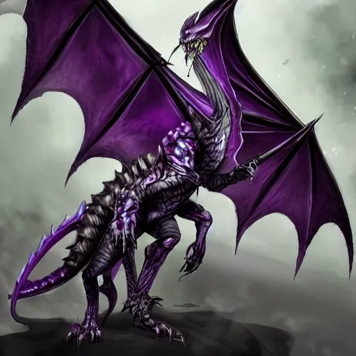 Image similar to violet reaper dragon hybrid, dark background with skulls, fantasy game art, fantasy rpg, league of legends