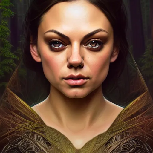 Image similar to symmetry portrait of mila kunis princess, forest background, intricate, elegant, highly detailed, digital painting, artstation, concept art, smooth, sharp focus, illustration, art by artgerm and greg rutkowski and fra angelico and alphons mucha