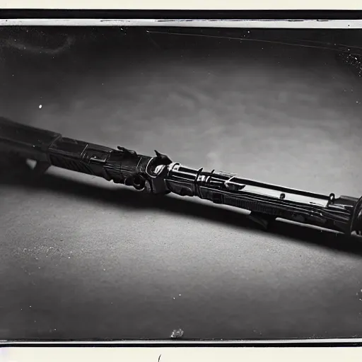 Prompt: Tintype photograph of a lightsaber and Star Wars blaster displayed in an ethnographic museum, archive material, anthropology, 1920s studio lighting.