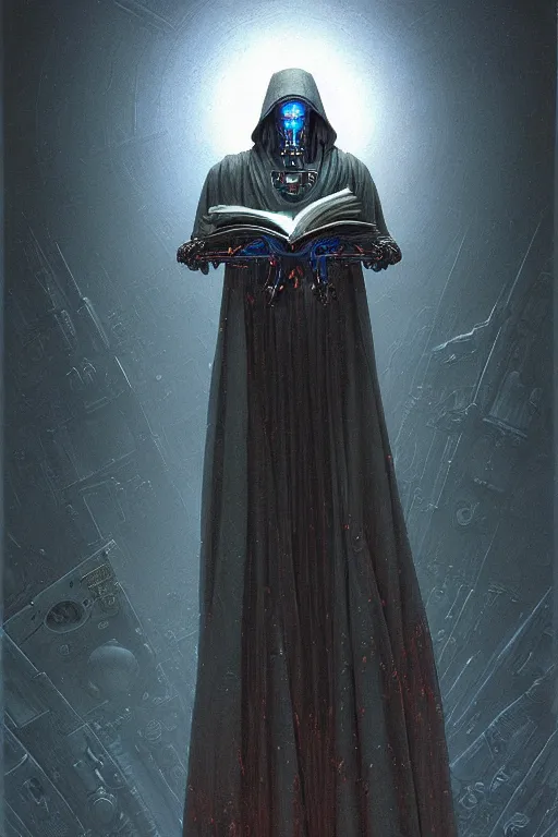 Image similar to painting of a cloaked tech priest holding a book, adeptus mechanicus!!!, cybernetic enhancements attached to his body, praise the omnissaiah, zdzislaw beksinski, lewis jones, mattias adolfsson, warhammer 4 0 k!!, cold hue's, warm tone gradient background, concept art, digital painting