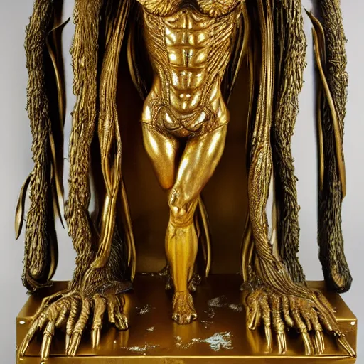 Prompt: a golden sculpture of the medical caduceus by h. r. giger