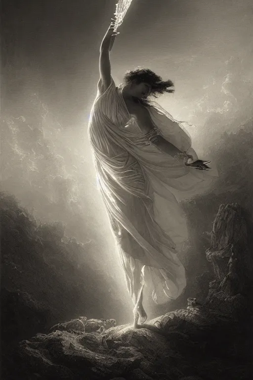 Image similar to dancer in the wind by gustave dore and greg rutkowski, light cone, reimagined by industrial light and magic