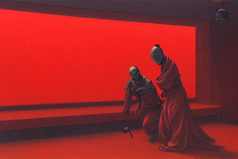 Image similar to only with red, a red samurai do seppuku, tokio, a lot of frogs watch, in the style of beksinski, parts by edward hopper, parts by rodcenko, parts by yue minjun, intricate and epic composition, red by caravaggio, insanely quality, highly detailed, masterpiece, red light, artstation, 4 k