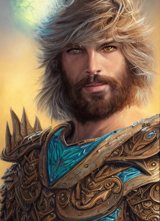 Image similar to A Human Male Paladin, highly detailed face, glowing white eyes, shaggy hair, scruffy brown beard, Teal flames surrounding, medium armor, wings, fantasy, intricate, elegant, highly detailed, digital painting, artstation, concept art, smooth, sharp focus, illustration, art by Larry Elmore and Jeff Easley and Clyde Caldwell