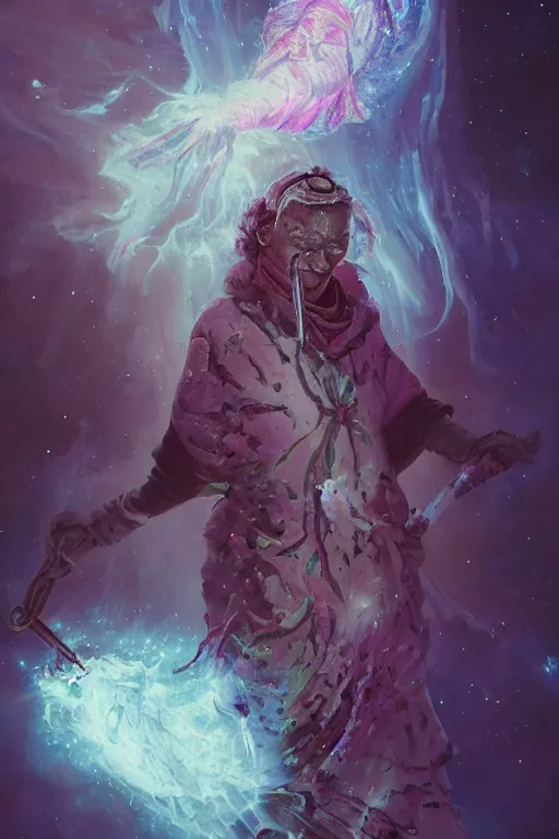 Image similar to frozen elderly person, necromancer, witch - doctor covered with ice exploding into fire, electricity highly detailed, high contrast, light reflection, trippy, nebula, trending on artstation by artgem, by peter mohrbacher, by wlop, by ruan jia