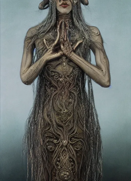 Image similar to full body portrait of marzanna slavic goddess with six arms in traditional slavic clothes : concept art zdzisław beksinski, hd, 4 k, ultra clear detailed : dark color gamma