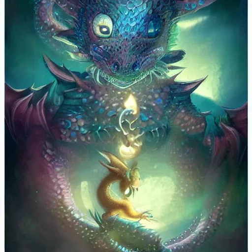 Image similar to a hyperrealistic illustration of a cute and tiny dragon that glows in the dark, dragon baby, glow in the dark, fractal moonlight, little dragon with glowing scales, award - winning, masterpiece, in the style of tom bagshaw, cedric peyravernay, peter mohrbacher