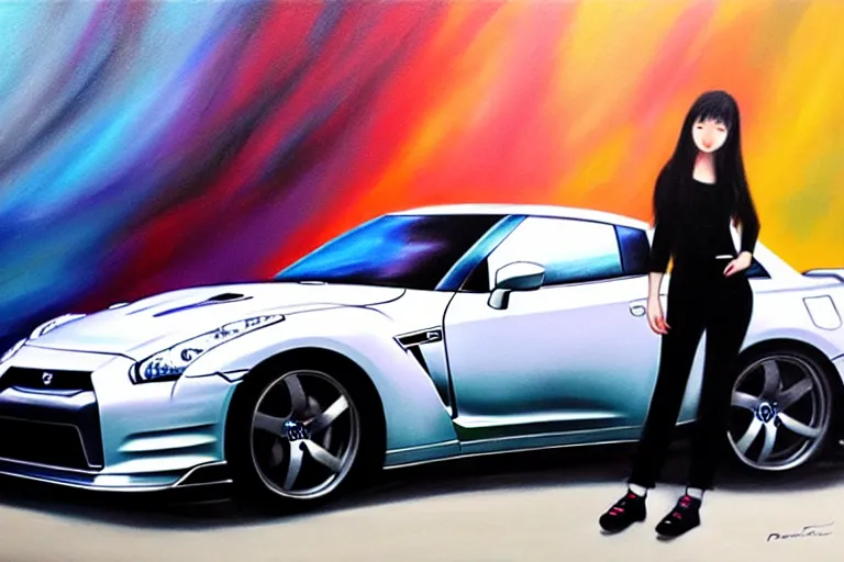 Image similar to A ultradetailed beautiful panting of a stylish girl standing in front of a Nissan GTR, Oil painting, by RossDraws