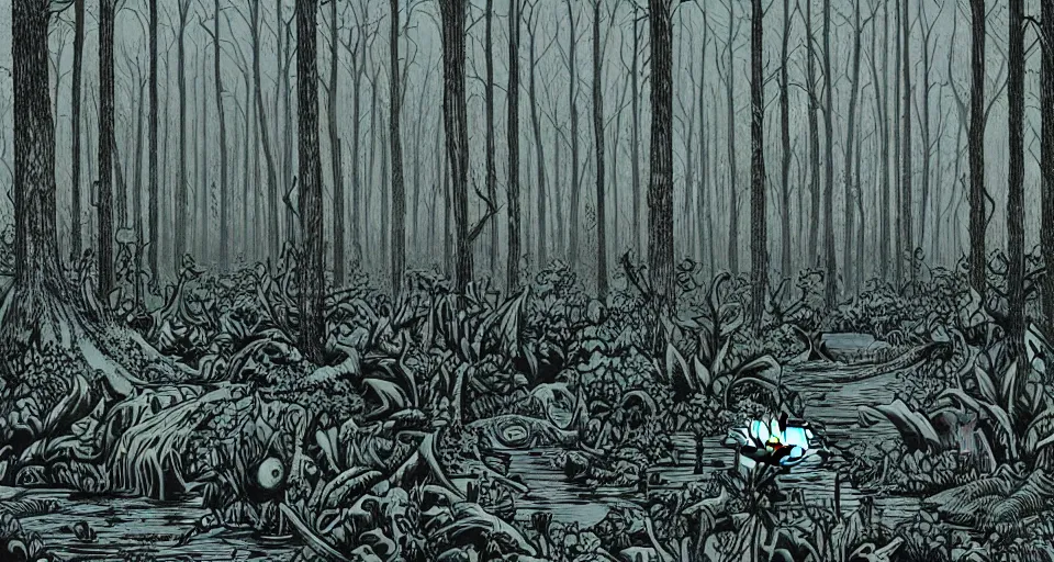 Image similar to A dense and dark enchanted forest with a swamp, by Dan mumford,