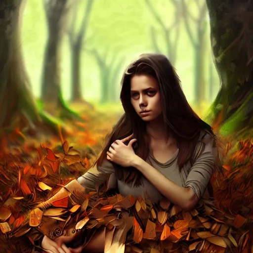 Prompt: a pretty girl clothed in leaves, surrounded by wolves digital painting, photorealistic, in the style of greg rutkowski, full body, detailed face