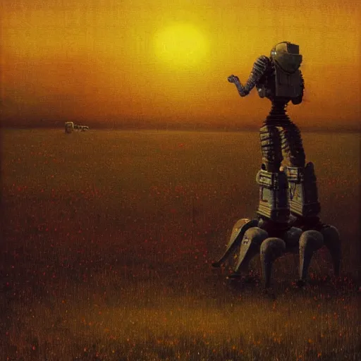 Prompt: a battlemech!! standing in a field at sunset by Beksinski