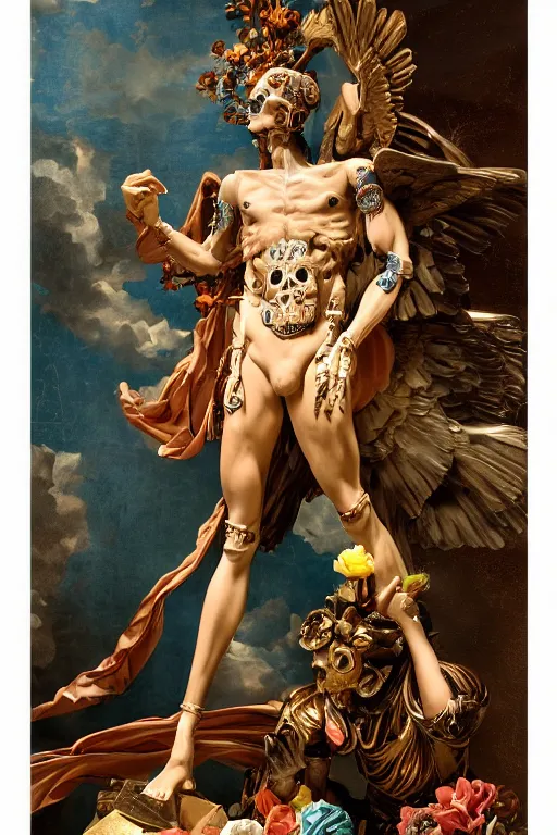 Image similar to a young handsome Spanish metal android with a large glowing battery in the center of his chest in a full-body bronze cyberpunk style statue of Icarus with glowing blue eyes, crown of peach roses, flowing teal-colored silk, fabric, flowers. baroque elements, human skull. full-length view. baroque element. intricate artwork by caravaggio. many many birds birds on background. Trending on artstation, octane render, cinematic lighting from the right, hyper realism, octane render, 8k, depth of field, 3D