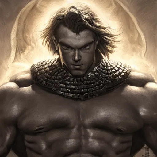 Prompt: handsome portrait of a spartan guy bodybuilder posing, radiant light, caustics, war hero, translucence, dragon ball z, by gaston bussiere, bayard wu, greg rutkowski, giger, maxim verehin