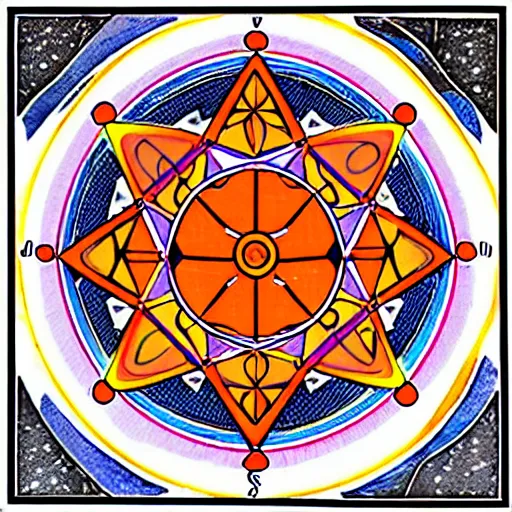 Prompt: An abstract piece of work depicting the sacral chakra or energy centre in Hindu mythology, intricately drawn using geometric shapes to form the chakras which are said to be wheels of life that govern spiritual power and health. The wheel has 8 sections: base, root, sacral, solar plexus, heart, throat, brow and crown (top) each representing a different level of consciousness. As you move up from one section to another your awareness heightens leading to a greater sense of personal freedom, balance, love, compassion and happiness. It's also said to enhance your connection to universal consciousness through self-realization and enlightenment