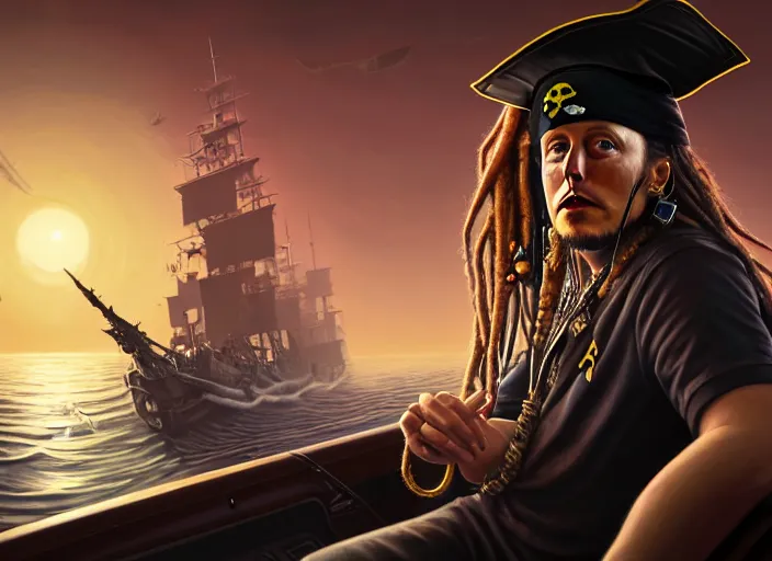 Image similar to highly detailed portrait of Elon Musk as a dread pirate captain, proudly posing at the helm of his frigate wearing a pirate hat, full body, sinking smoking ship in the background at sunset, artstation, cinematic lighting, hyperdetailed, cgsociety, 8k, high resolution, insanely detailed and intricate, concept art, smooth, sharp focus, illustration, art by John Collier and Albert Aublet and Krenz Cushart and Artem Demura and Alphonse Mucha