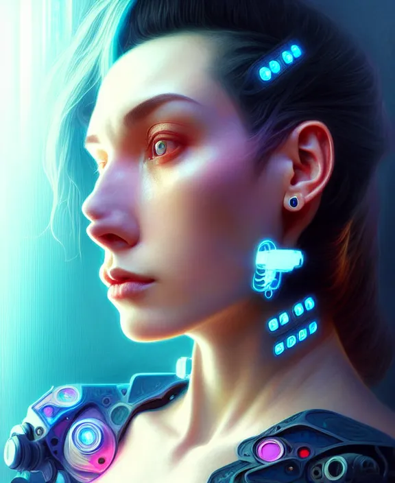 Image similar to a whirlwind inside the metaverse, man, hologram, half body, neurochip, shaved temple, piercing, jewelry, android, cyborg, cyberpunk face, by loish, d & d, fantasy, intricate, elegant, highly detailed, colorful, digital painting, artstation, concept art, art by artgerm and greg rutkowski and alphonse mucha