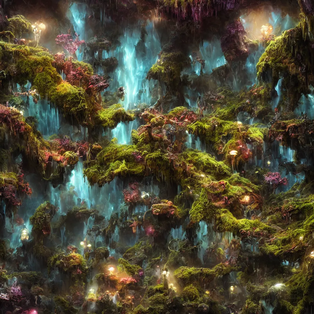 Image similar to tom bagshaw, mythical gigantic space cavern, soft painting 3 d render curiosities carnival pond vegetation rocks mushrooms and tentacles covered moss, luminescent wisps, stunning waterfall, accurate features, focus, very intricate ultrafine details, random volumetric lighting, fog, award winning masterpiece, octane render 8 k hd, artstation