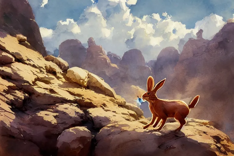 Image similar to watercolor painting of rabbit in rocky desert landscape closeup, ambient lighting, art by hans gude, art by hans dahl, by jesper ejsing, art by anders zorn, wonderful masterpiece by greg rutkowski, cinematic light, american romanticism by greg manchess, creation by tyler edlin