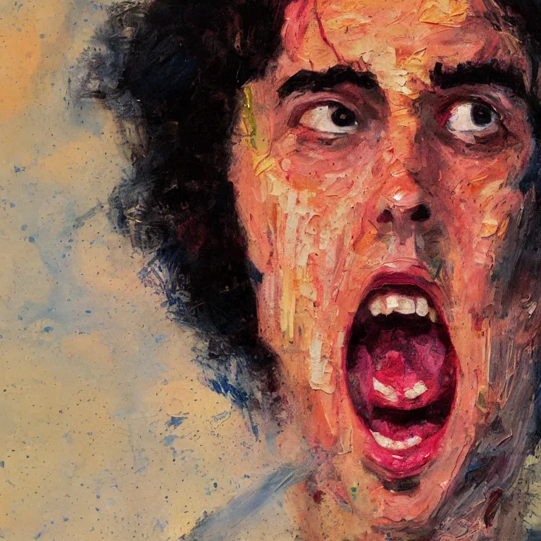 Image similar to warmly lit close up studio portrait of young angry! teenage Jerry Seinfeld angrily singing, impasto oil painting thick brushstrokes by Cy Twombly and Anselm Kiefer , trending on artstation dramatic lighting Expressionism