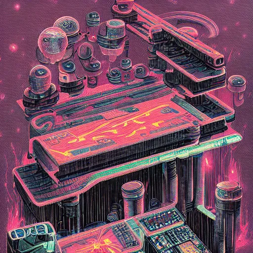 Prompt: dark retro illustration 1 9 7 5 science fiction, gouache and ink, mohrbacher, an evil supercomputer with a ray gun