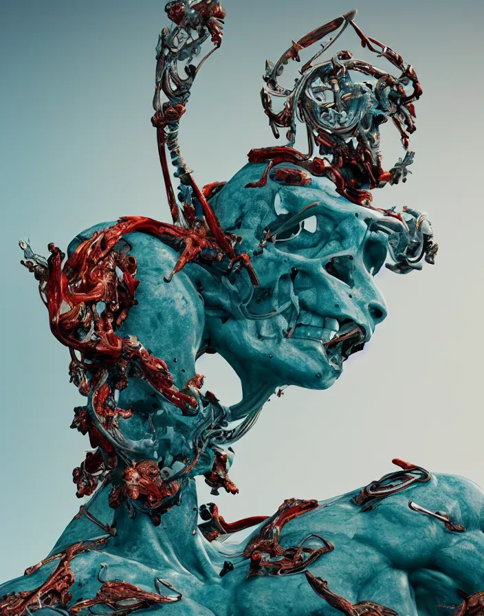 Prompt: positing on rock Apollon sculpture, biomechanical, full lenght view. white plastic, skull, muscles, tumors, veins, baroque elements. halo. octane rendering, cinematic, hyperrealism, octane rendering, 8k, depth of field, bokeh. iridescent accents. vibrant. teal gold and red color scheme