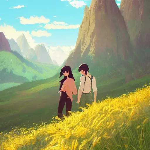 Image similar to one teen girl with long black hair and bangs, one teen boy with black hair, flower fields and mountains in the background, digital painting, artstation, highly detailed, by makoto shinkai and thomas kindle and James gilleard