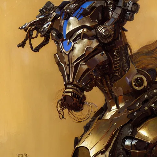 Image similar to portrait girl face metal cyborg armor and metal horse by gaston bussiere, anna nikonova aka newmilky, greg rutkowski, yoji shinkawa, yoshitaka amano, tsutomu nihei, donato giancola, geoffroy thoorens, gustav klimt, trending on artstation, featured on pixiv