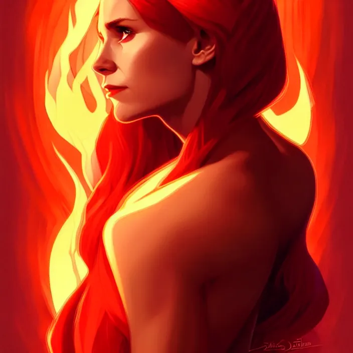 Image similar to style artgerm, joshua middleton, diego fazio, beautiful kristen bell with dark red dress, very long orange hair, symmetrical face, symmetrical eyes, fire powers fire swirling, detailed, volcano setting, cinematic lighting