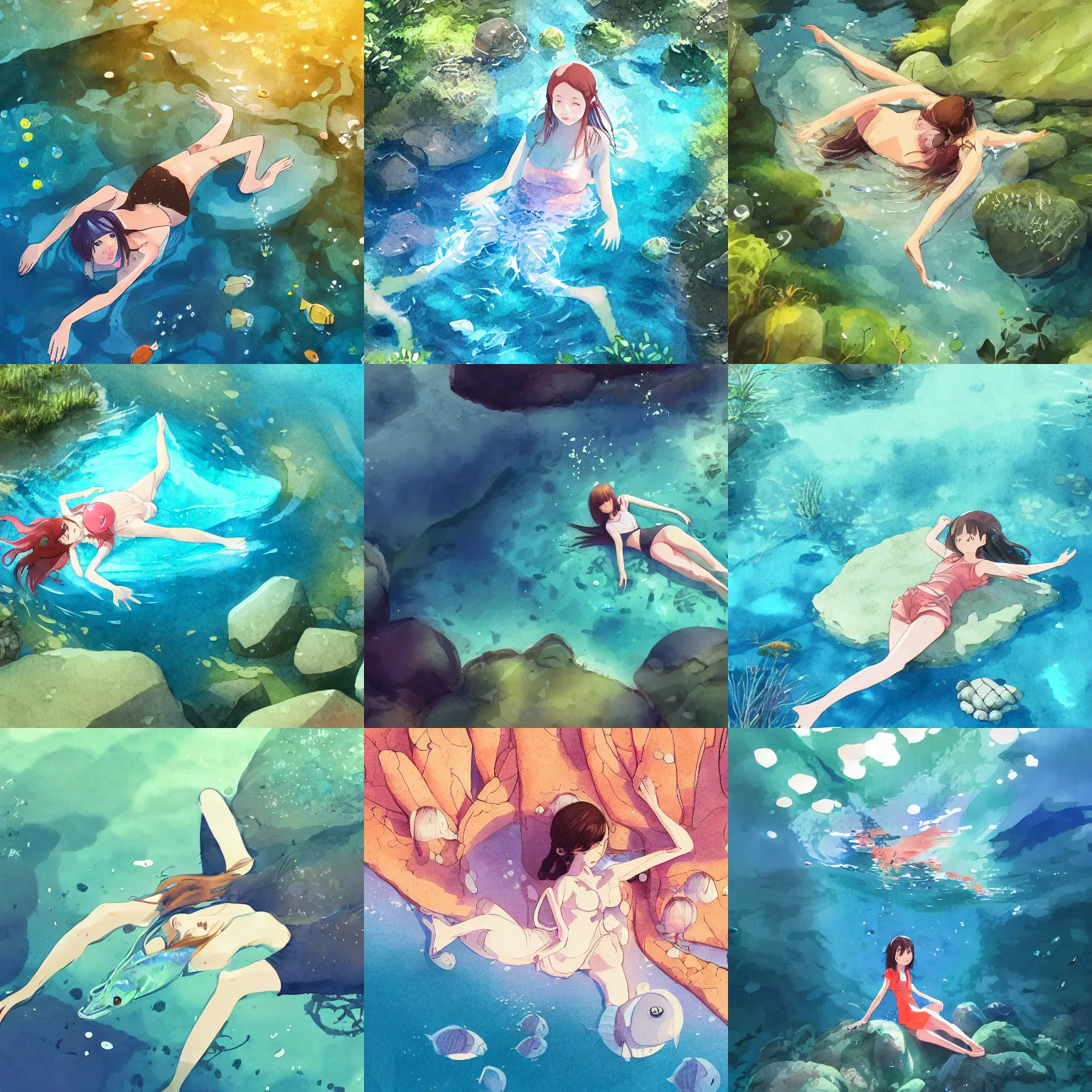 Prompt: girl relaxing on her back in crystal clear water wearing everyday clothes, small fish under water, rocks, gravel, moss, digital art, illustration, fun vibrant watercolor, wenjun lin, makoto shinkai, studio ghibli, hidari, pixiv, high angle top down, sunny lighting, shadows from trees