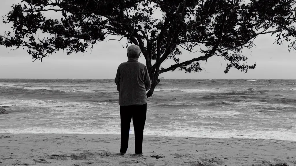 Prompt: An over the shoulder point of view of an old man standing alone on the beach looking at the ocean.. .