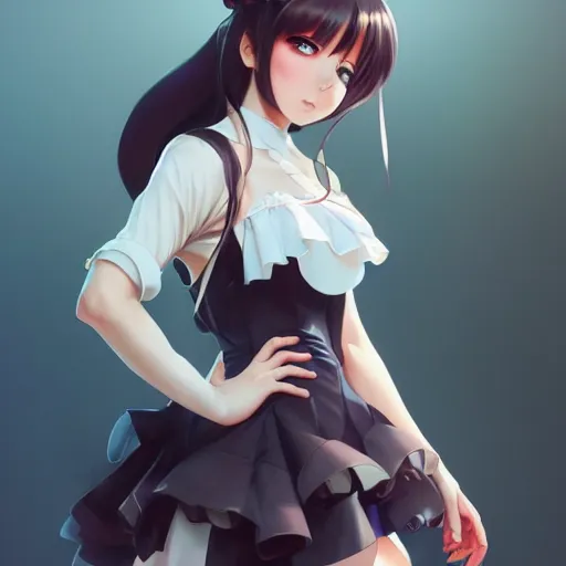 Prompt: anime girl in a maid costume, digital art, sharp focus, attractive features, fullbody portrait, slim figure, illustration, artstation, art by Artgerm and Greg Rutkowski and Alphonse Mucha and WLOP, UHD