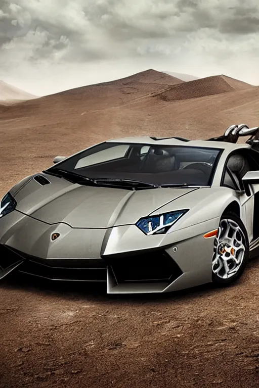 Image similar to Lamborghini Aventador in Mad Max Fury Road.