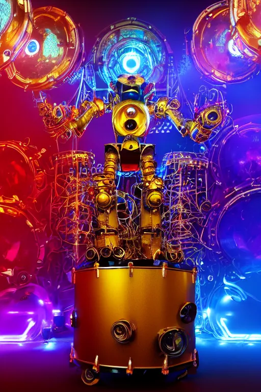 Prompt: portrait photo of a giant huge golden and blue metal futuristic humanoid steampunk robot drummer covered with multicolored big gears and tubes, a huge red drumset, eyes are glowing red lightbulbs, shiny crisp finish, 3 d render, 8 k, insaneley detailed, fluorescent colors, background is multicolored lasershow