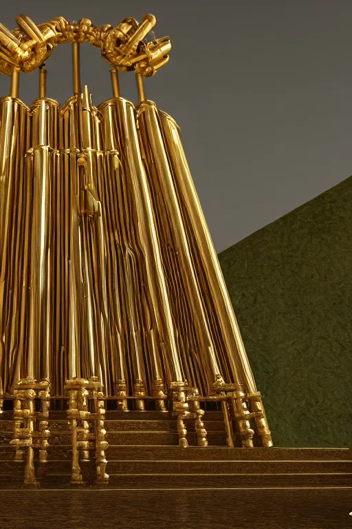 Image similar to a detailed render of an isolated lonely large pipe organ with large golden pipes in the middle of a field, intertwined with a lone stone column, trending on artstation, render, 3 d, octane, 4 k, 8 k, unreal engine, cinema 4 d, baroque, art deco