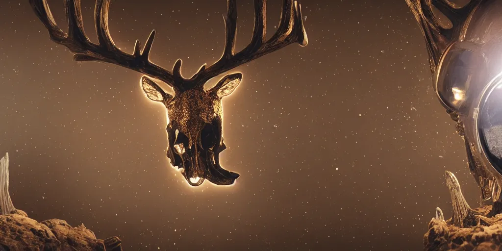 Image similar to ornate deer skull in astronaut suit, gold linens, cinematic lighting, dramatic, octane render, long lens, shallow depth of field, bokeh, anamorphic lens flare, 8k, hyper detailed