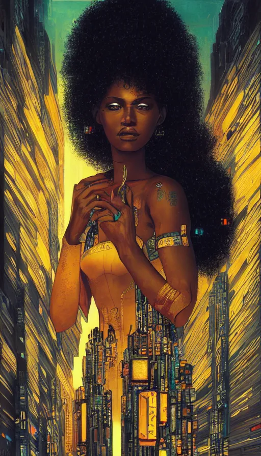 Image similar to a beautiful young Black woman, cyberpunk, Blade Runner city background, highly detailed, artstation, illustration, art by Gustav Klimt