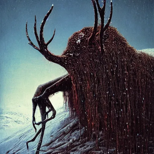 Prompt: wendigo prowling in the ancient snow mountain, beksinski