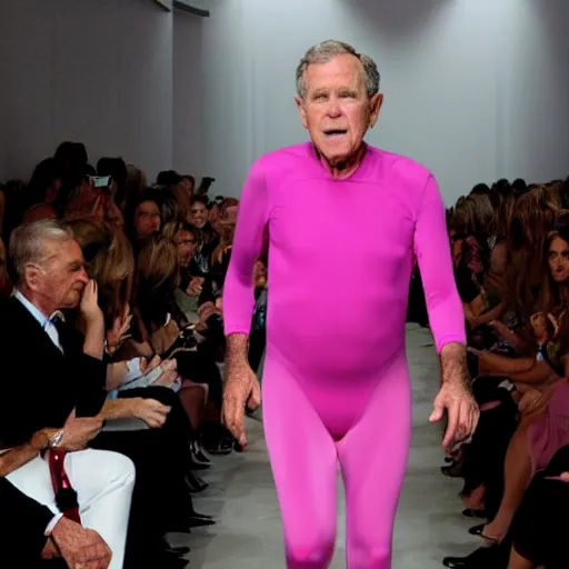 Prompt: cinematic shot of george bush wearing a pink unitard walking down a runway at a fashion show, 8 k, very detailed, very intricate,